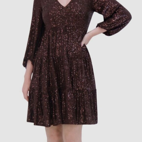 Eliza J Dresses & Skirts - Eliza J Women's Brown Sequins Tiered Lined Stretch Fit & Flare Dress Size 6 NWT